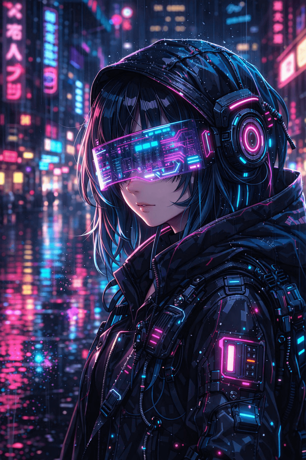 Cyberpunk Hacker Girl in Neon Cityscape