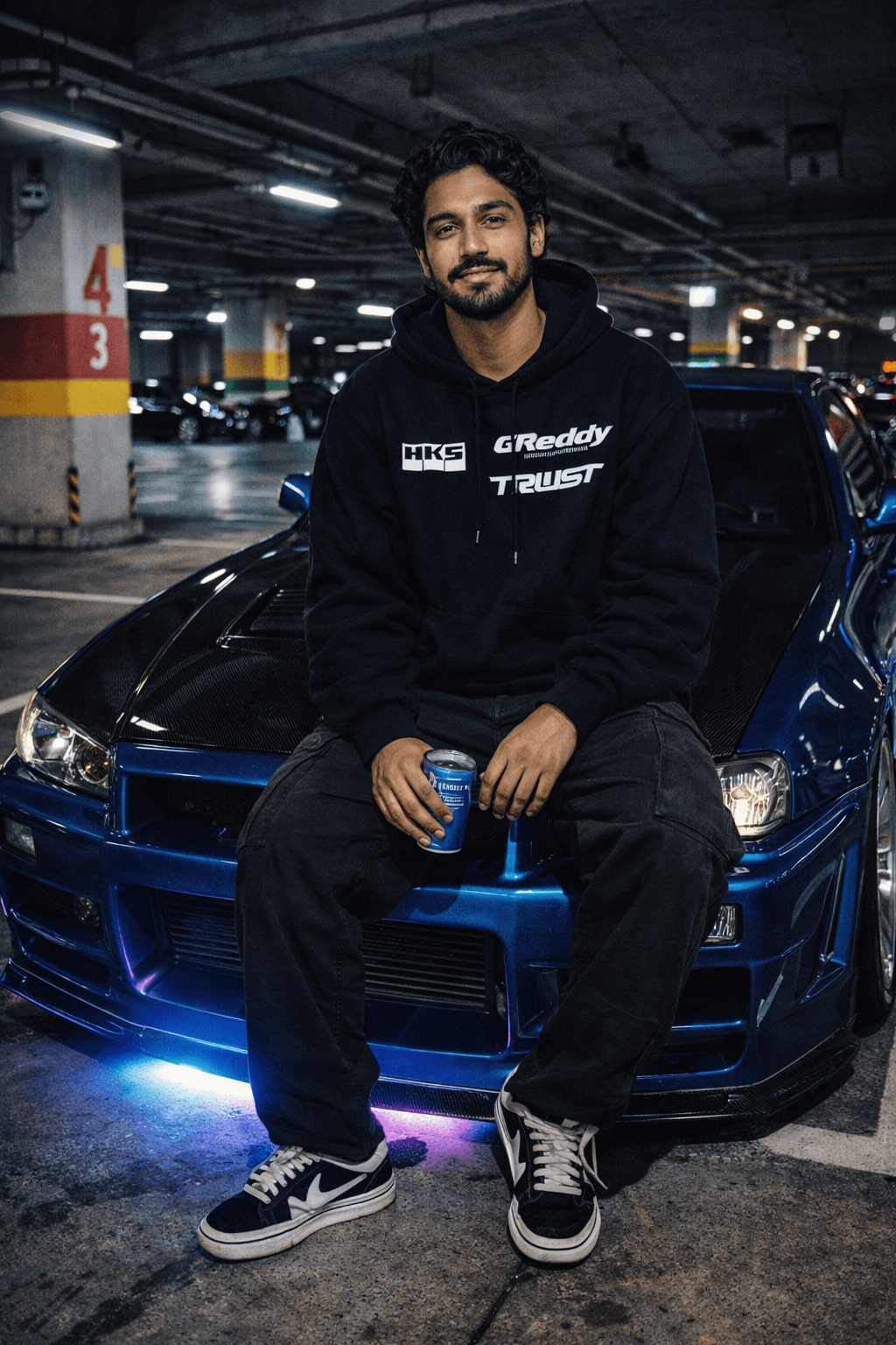 neon lit jdm skyline underground parking image prompt