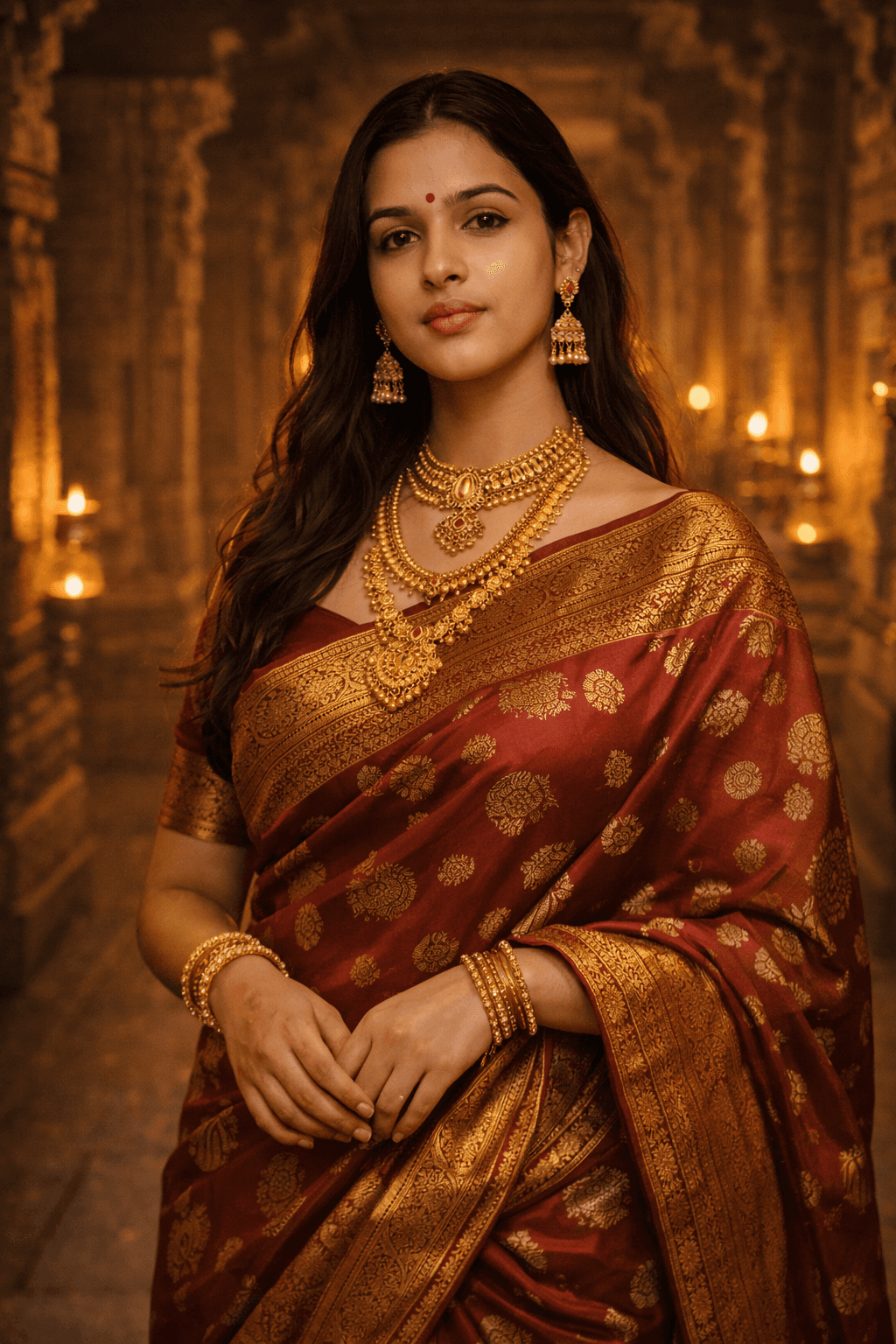 silk saree temple divine spiritual elegance image prompt