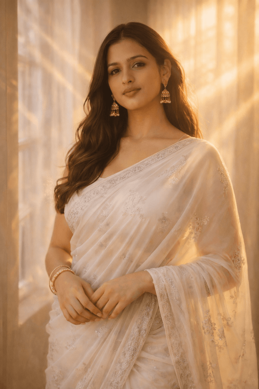 White Saree Golden Hour Window - Dreamy Feminine