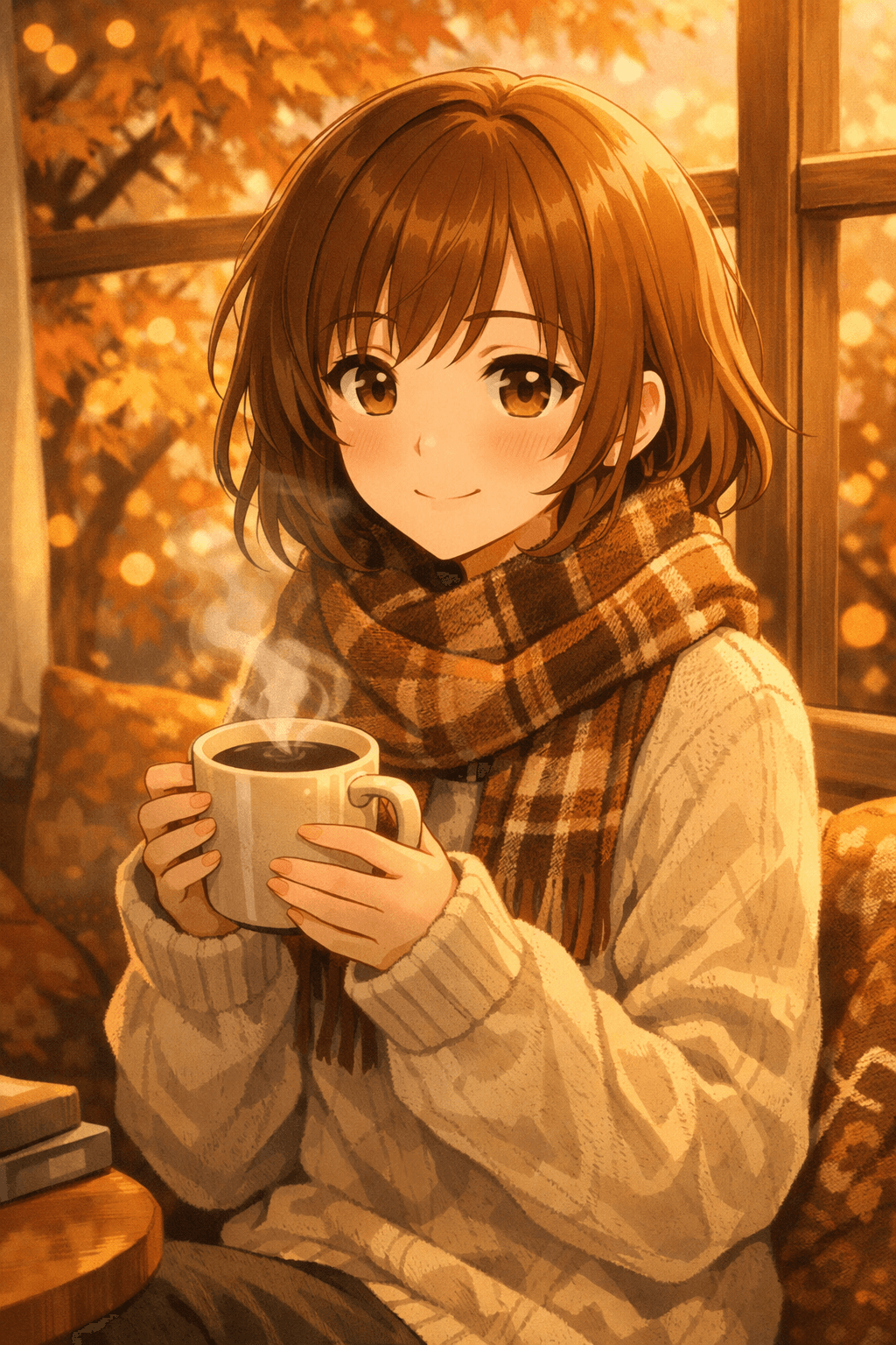 Cozy anime character with coffee in autumn golden hour - slice of life art prompt