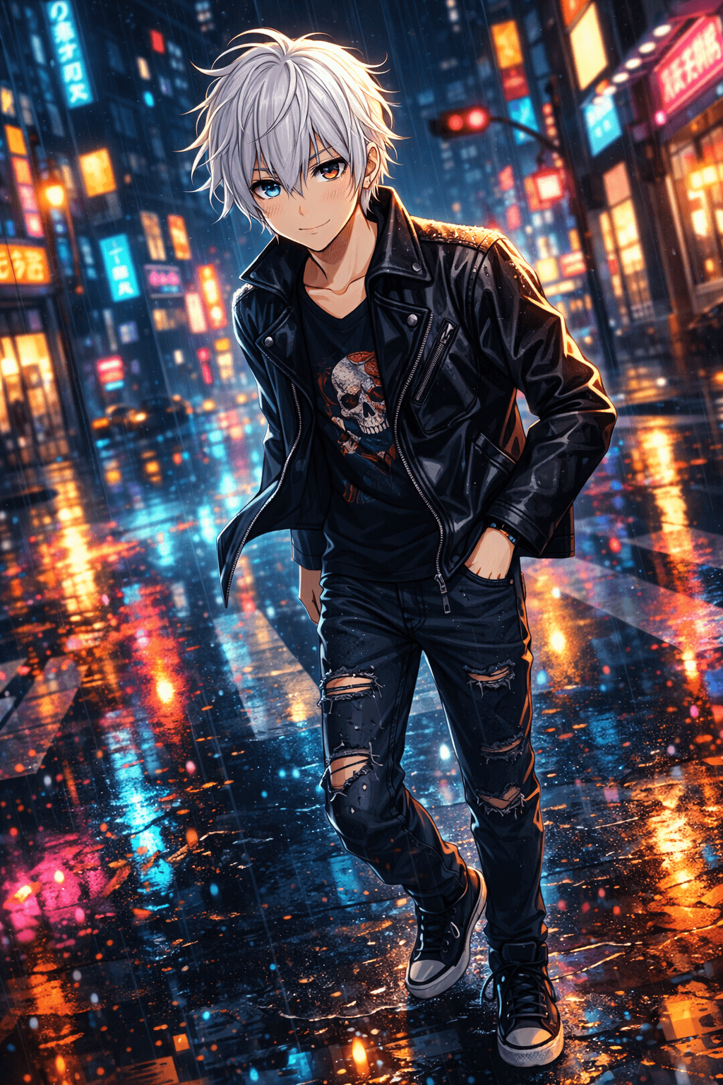 Cool anime protagonist in tech-wear standing in rain-soaked street - urban character design prompt